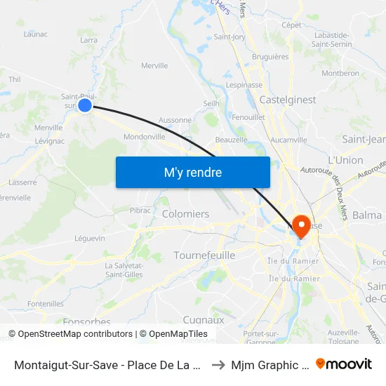 Montaigut-Sur-Save - Place De La Salle Des Fêtes to Mjm Graphic Design map