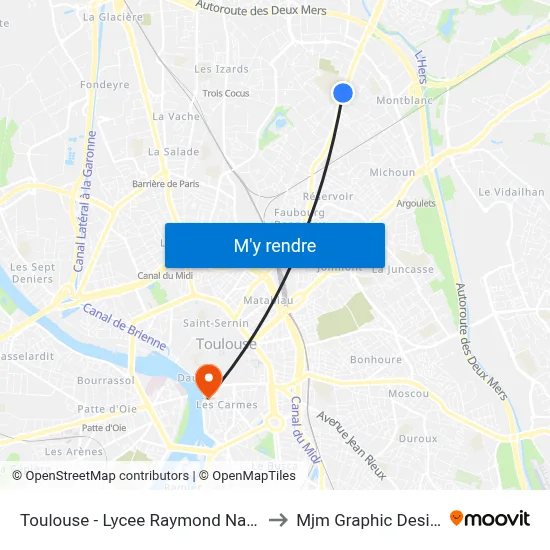 Toulouse - Lycee Raymond Naves to Mjm Graphic Design map