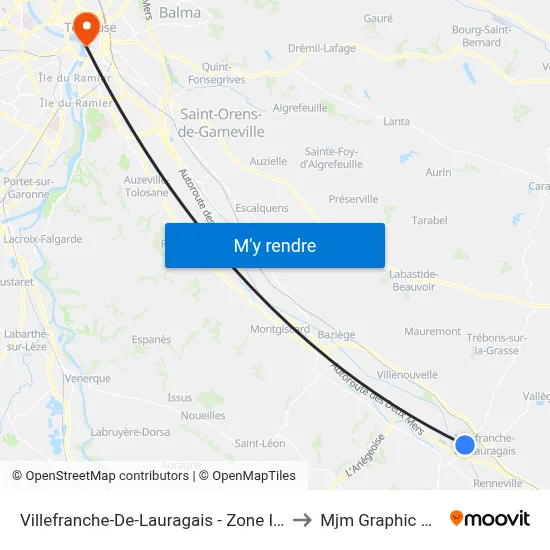 Villefranche-De-Lauragais - Zone Industrielle to Mjm Graphic Design map