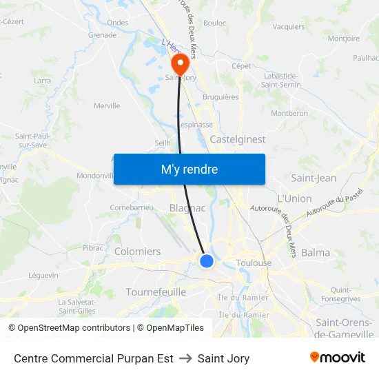 Centre Commercial Purpan Est to Saint Jory map