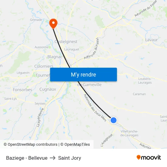 Baziege - Bellevue to Saint Jory map