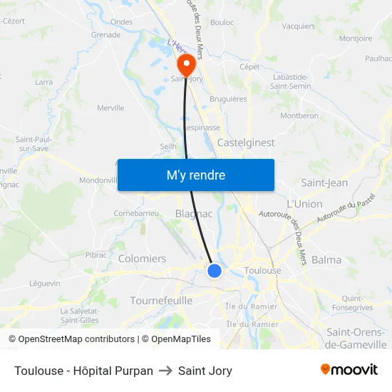 Toulouse - Hôpital Purpan to Saint Jory map