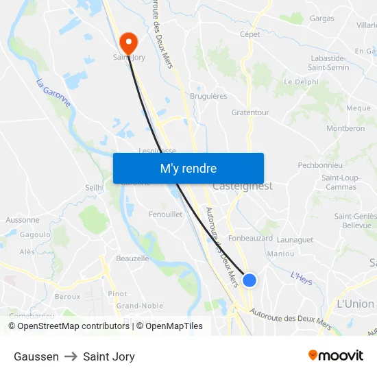 Gaussen to Saint Jory map