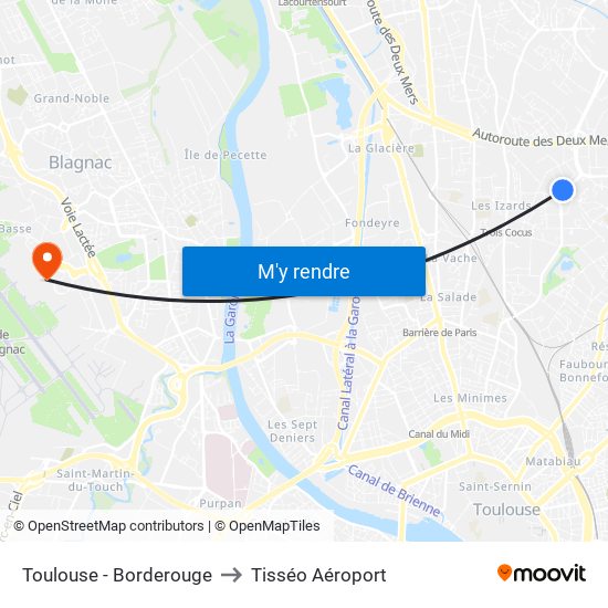 Toulouse - Borderouge to Tisséo Aéroport map