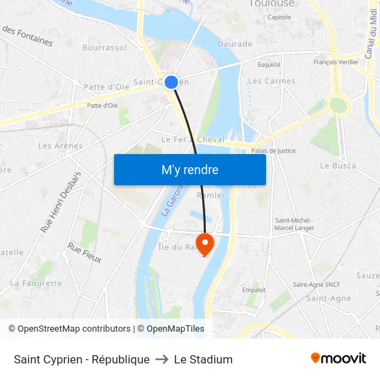 Saint Cyprien - République to Le Stadium map