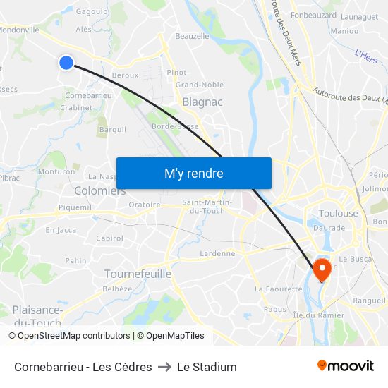 Cornebarrieu - Les Cèdres to Le Stadium map