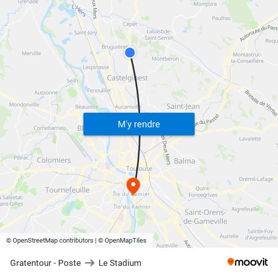 Gratentour - Poste to Le Stadium map