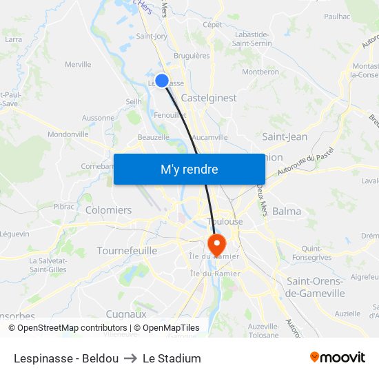 Lespinasse - Beldou to Le Stadium map