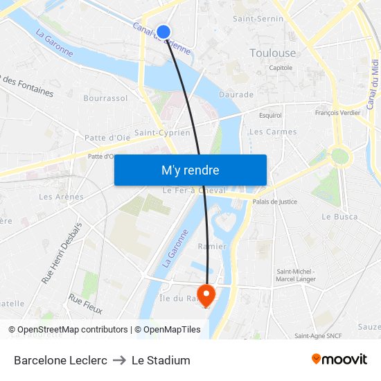 Barcelone Leclerc to Le Stadium map