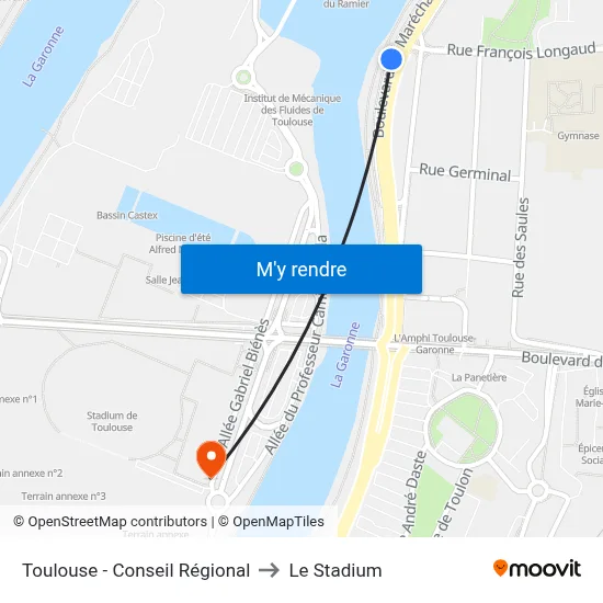 Toulouse - Conseil Régional to Le Stadium map