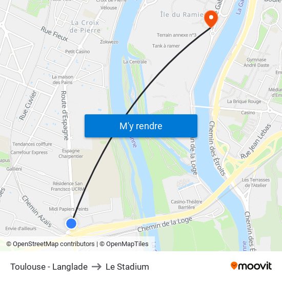 Toulouse - Langlade to Le Stadium map