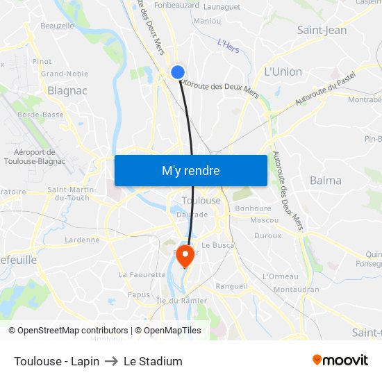Toulouse - Lapin to Le Stadium map