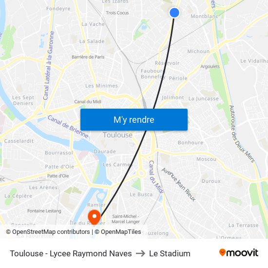 Toulouse - Lycee Raymond Naves to Le Stadium map