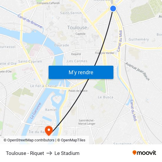 Toulouse - Riquet to Le Stadium map