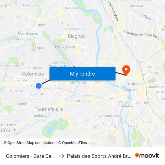 Colomiers - Gare Centre to Palais des Sports André Brouat map