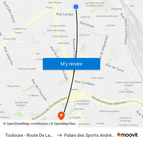 Toulouse - Route De Launaguet to Palais des Sports André Brouat map
