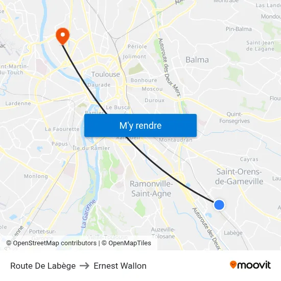 Route De Labège to Ernest Wallon map