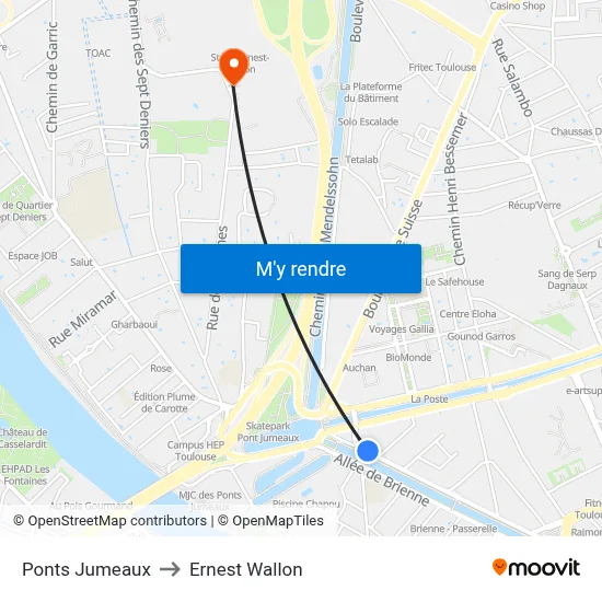 Ponts Jumeaux to Ernest Wallon map