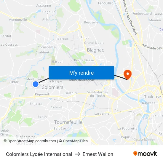 Colomiers Lycée International to Ernest Wallon map