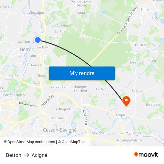 Betton to Acigné map