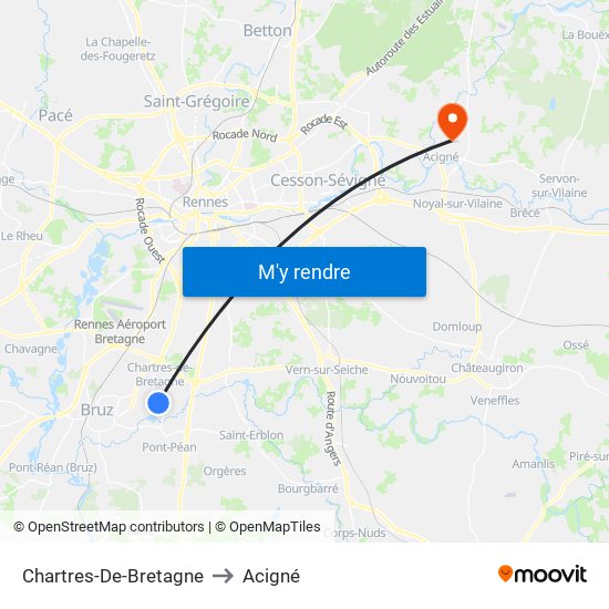 Chartres-De-Bretagne to Acigné map