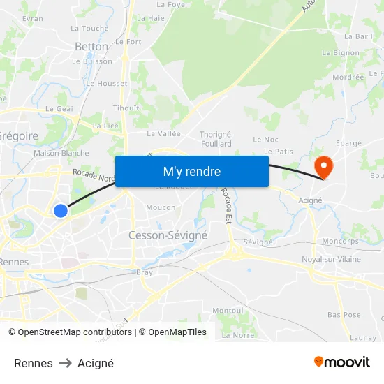 Rennes to Acigné map