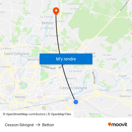 Cesson-Sévigné to Betton map
