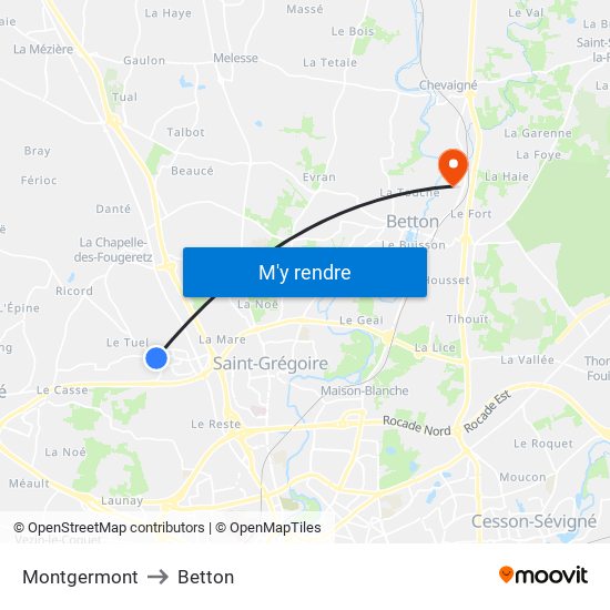 Montgermont to Betton map