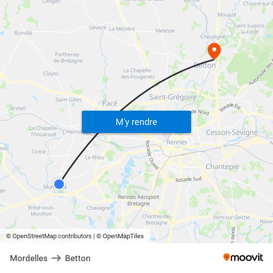 Mordelles to Betton map