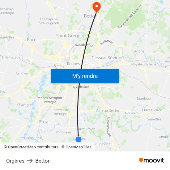 Orgères to Betton map