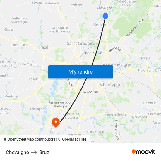 Chevaigné to Bruz map