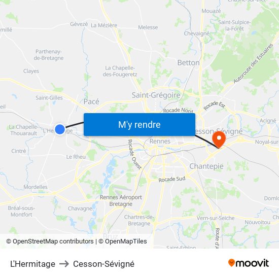 L'Hermitage to Cesson-Sévigné map