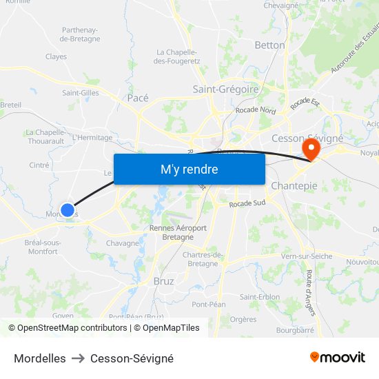 Mordelles to Cesson-Sévigné map