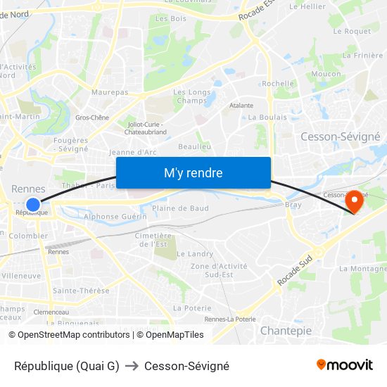 République (Quai G) to Cesson-Sévigné map
