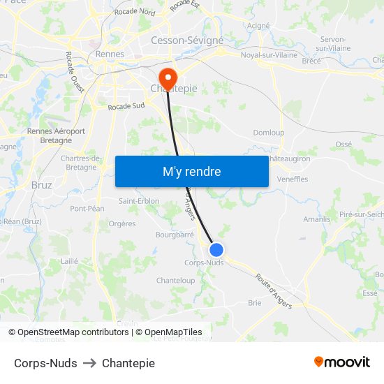 Corps-Nuds to Chantepie map