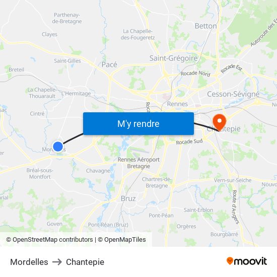 Mordelles to Chantepie map