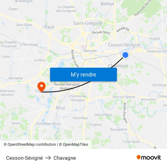 Cesson-Sévigné to Chavagne map