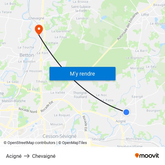 Acigné to Chevaigné map