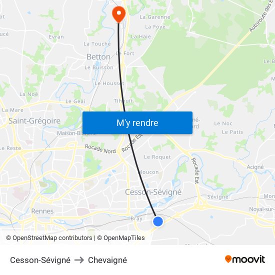 Cesson-Sévigné to Chevaigné map