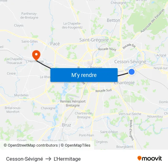 Cesson-Sévigné to L'Hermitage map