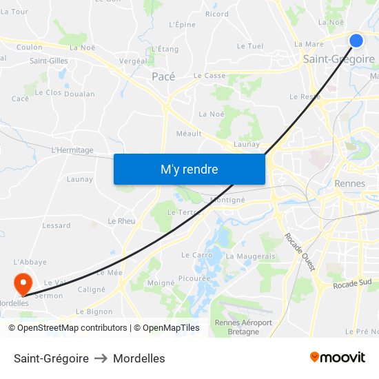 Saint-Grégoire to Mordelles map
