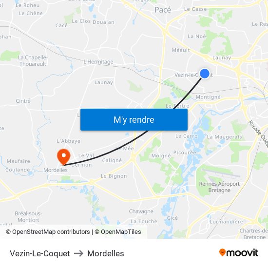 Vezin-Le-Coquet to Mordelles map