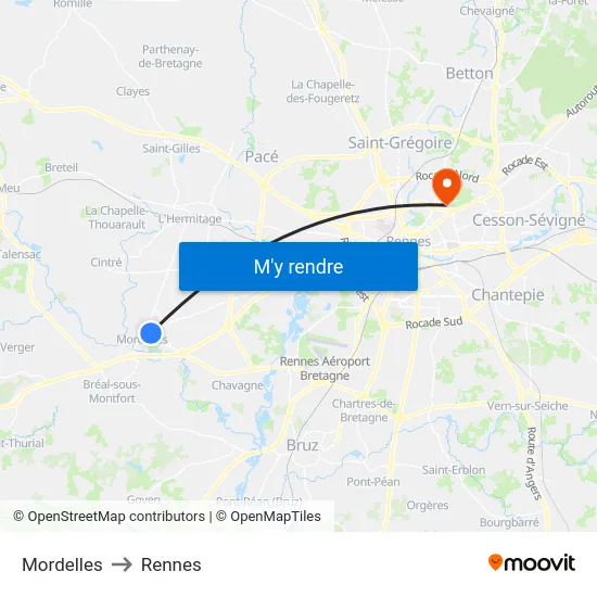 Mordelles to Rennes map