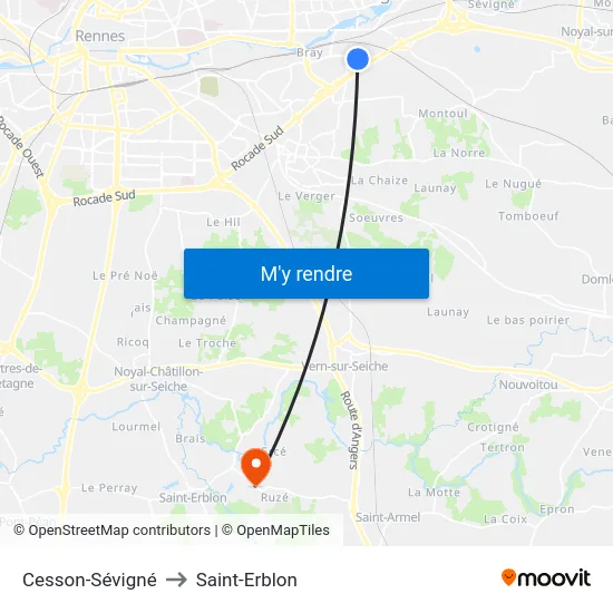 Cesson-Sévigné to Saint-Erblon map