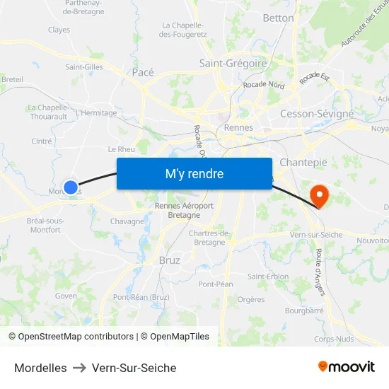 Mordelles to Vern-Sur-Seiche map