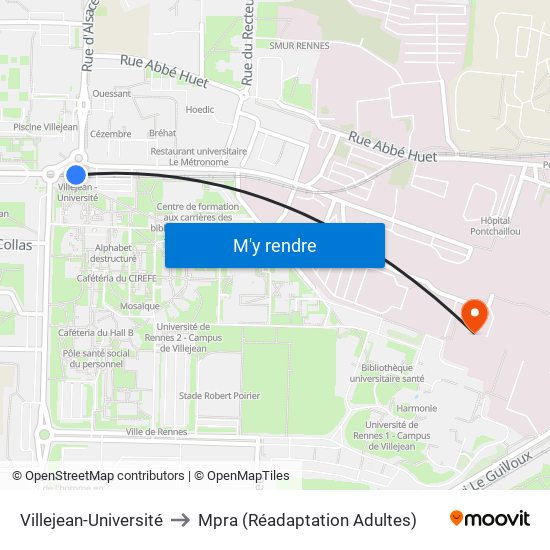 Villejean-Université to Mpra (Réadaptation Adultes) map