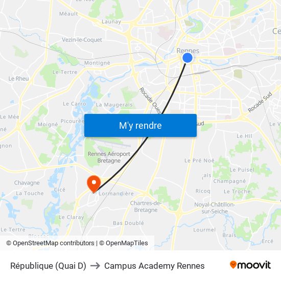 République (Quai D) to Campus Academy Rennes map