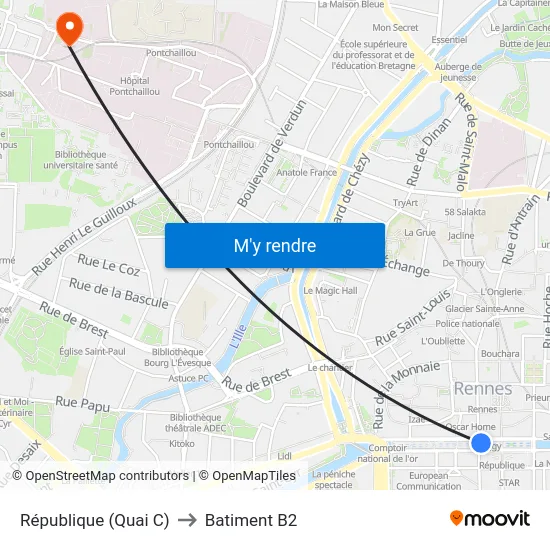République (Quai C) to Batiment B2 map