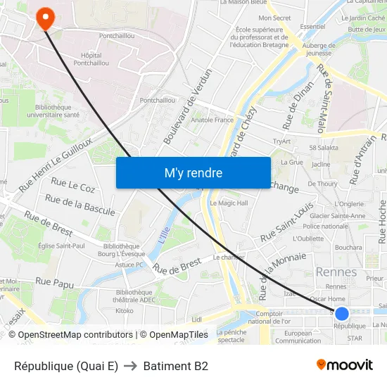 République (Quai E) to Batiment B2 map