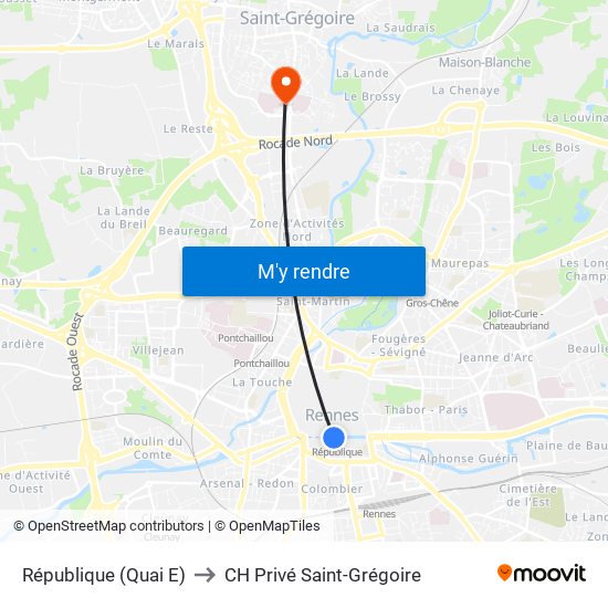 République (Quai E) to CH Privé Saint-Grégoire map
